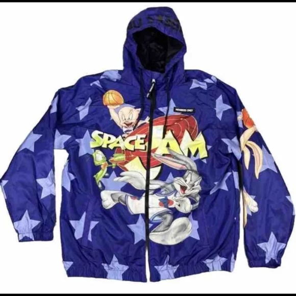Space Jam Members Only Jacket Mens MEDIUM Purple Long Sleeve Hooded Windbreaker - Picture 1 of 8
